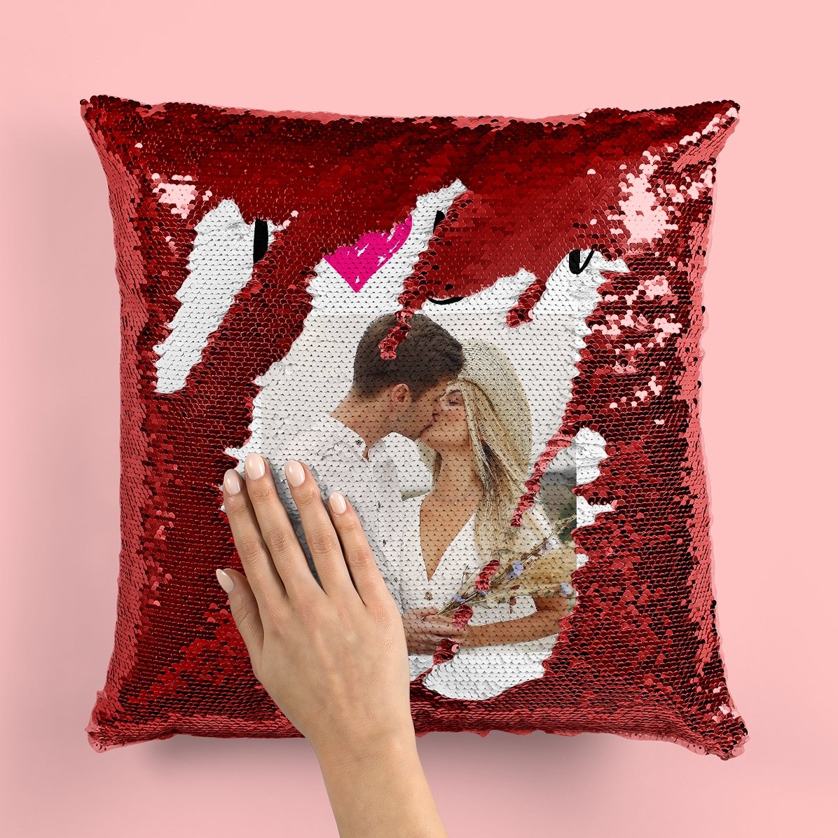 Coussin à paillettes personnalisé avec photo - « I love you »