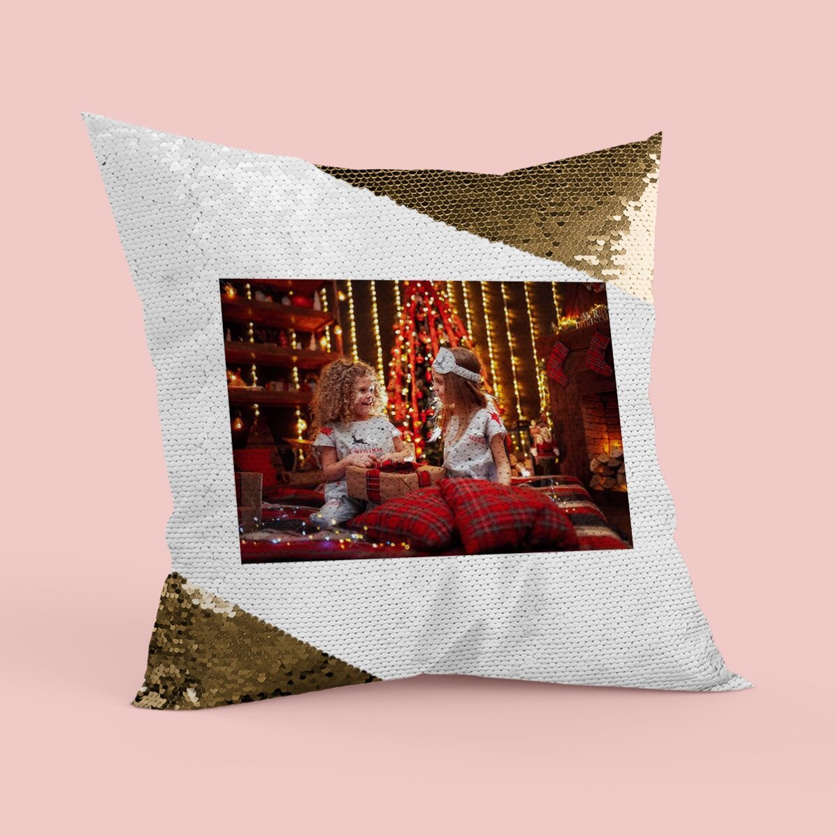 Coussin à paillettes personnalisé avec photo - Paillettes dorées