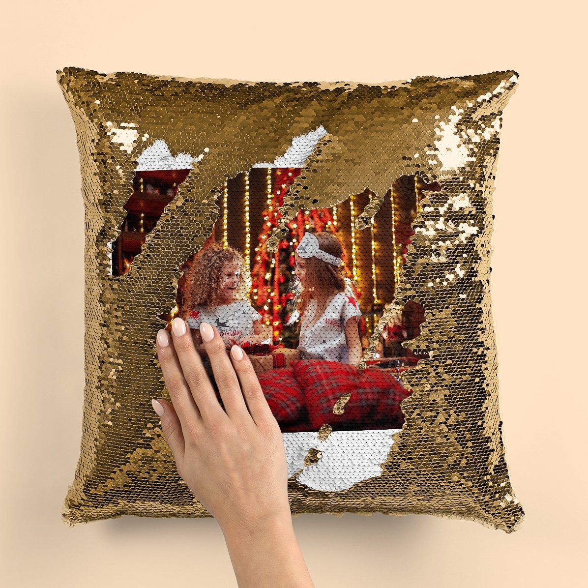 Coussin à paillettes personnalisé avec une photo
