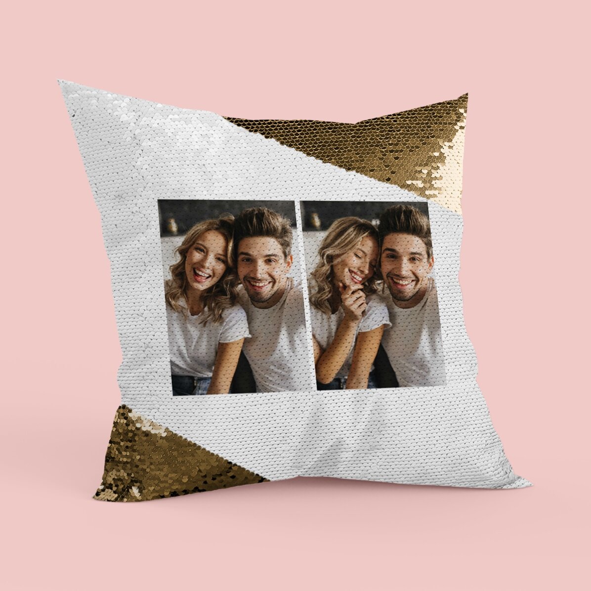 Coussin personnalisé avec 2 photos au format portrait - Paillettes dorées
