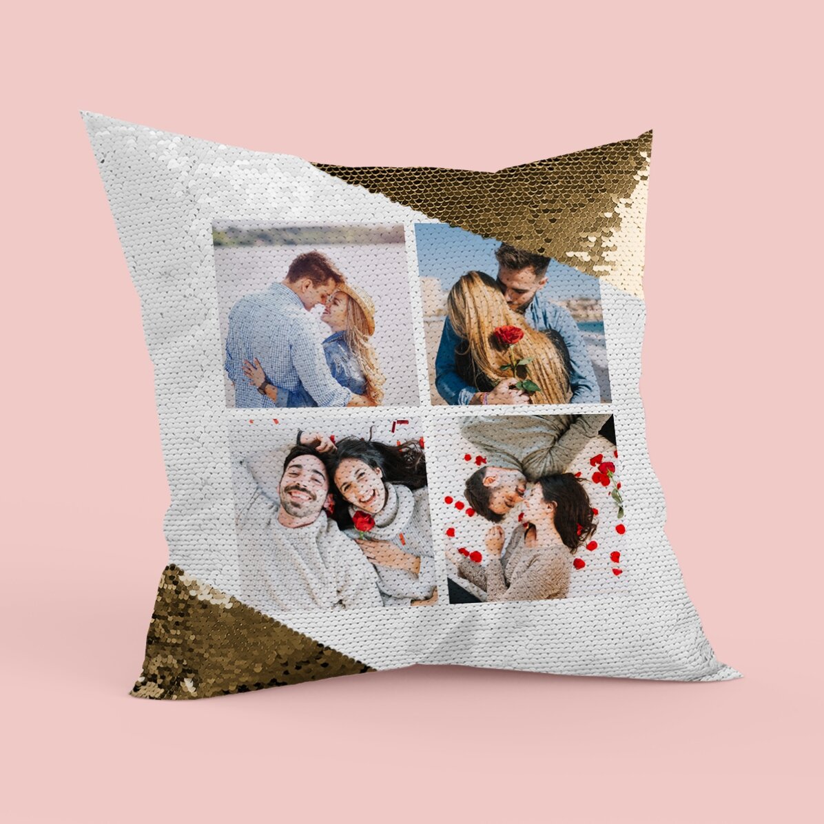 Coussin personnalisé avec 4 photos - Paillettes dorées