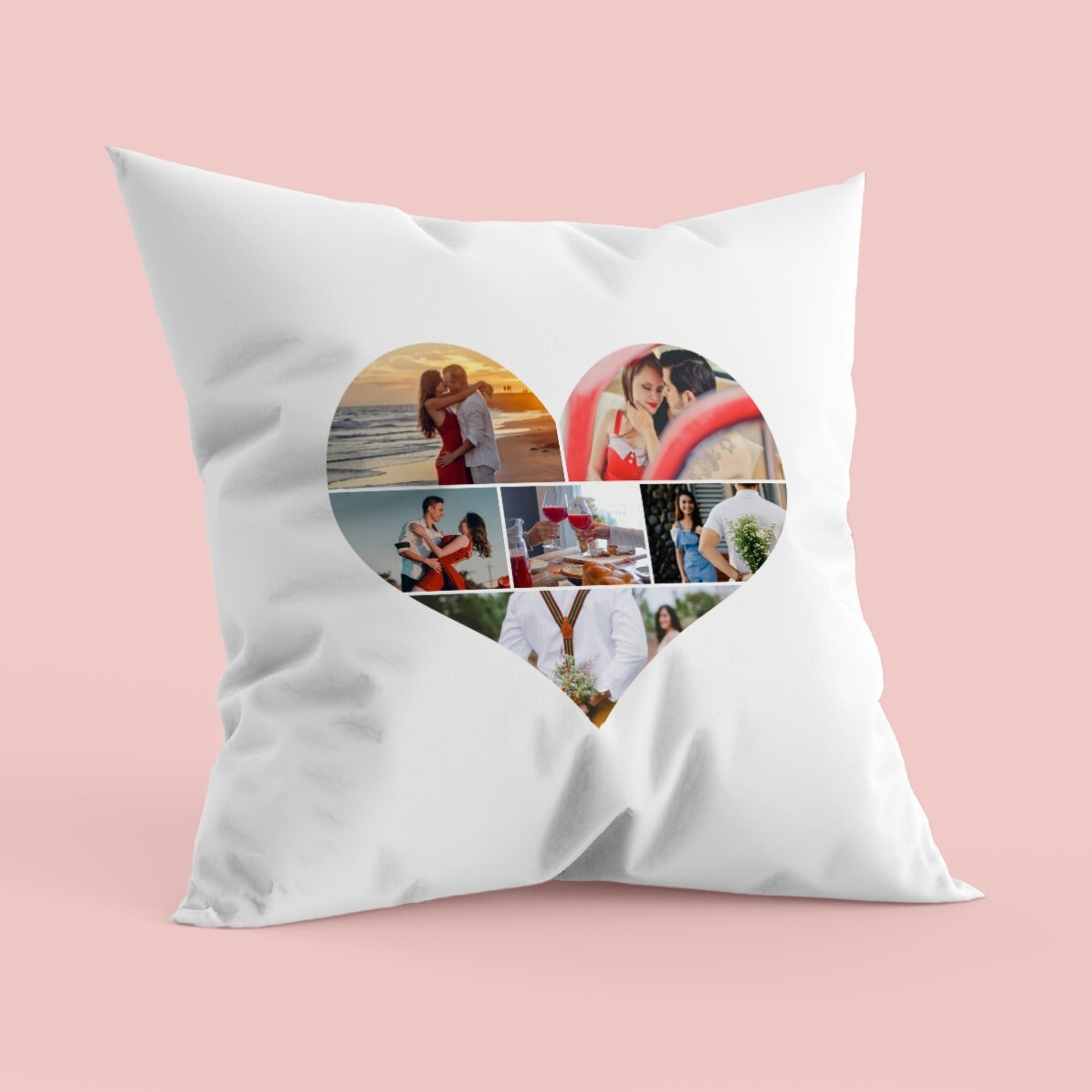 Coussin personnalisé avec 6 photos en forme de cœur