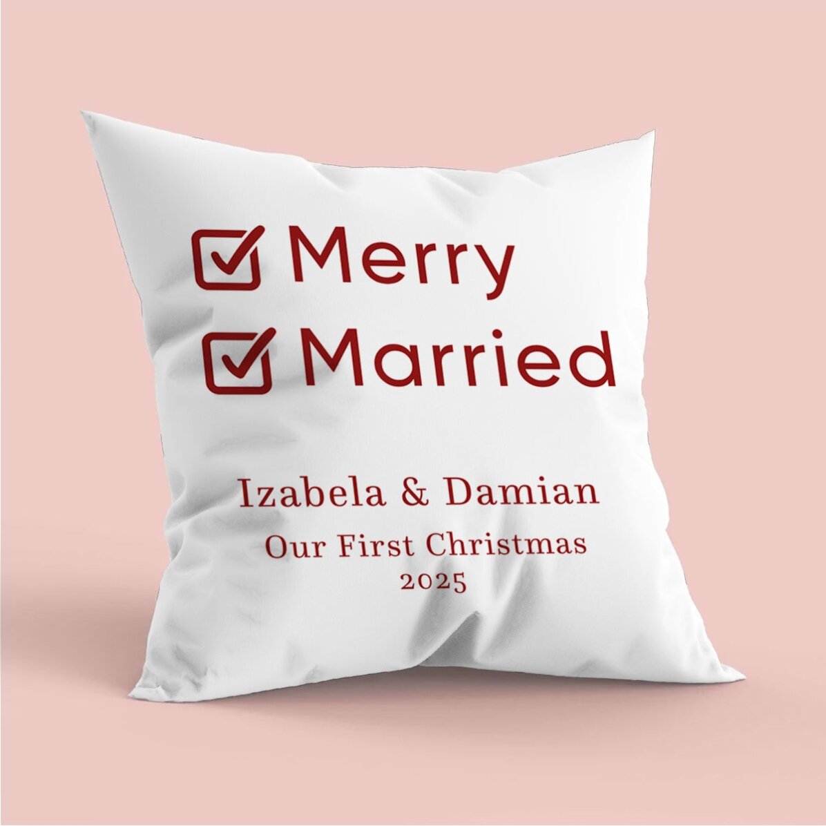 Coussin personnalisé avec message - « Our First Christmas »