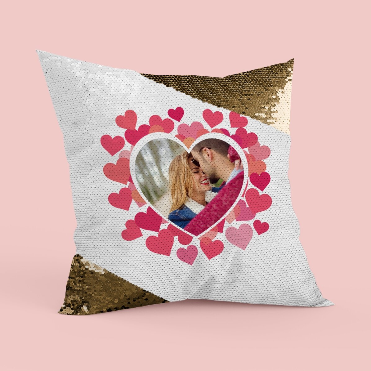 Coussin personnalisé avec une photo en forme de cœur rose - Paillettes dorées