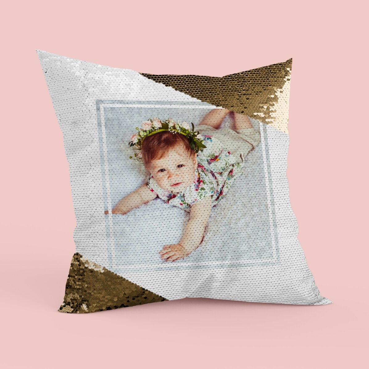 Coussin personnalisé avec une photo - Paillettes dorées