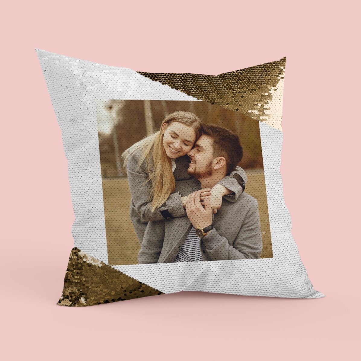 Coussin personnalisé avec une photo carrée - Paillettes dorées
