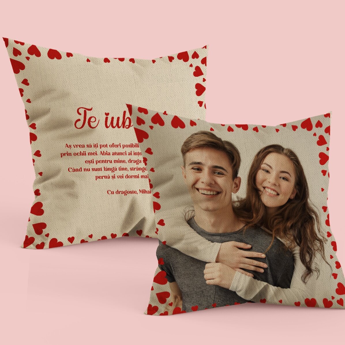 Coussin personnalisé avec une photo et un message recto-verso - Love
