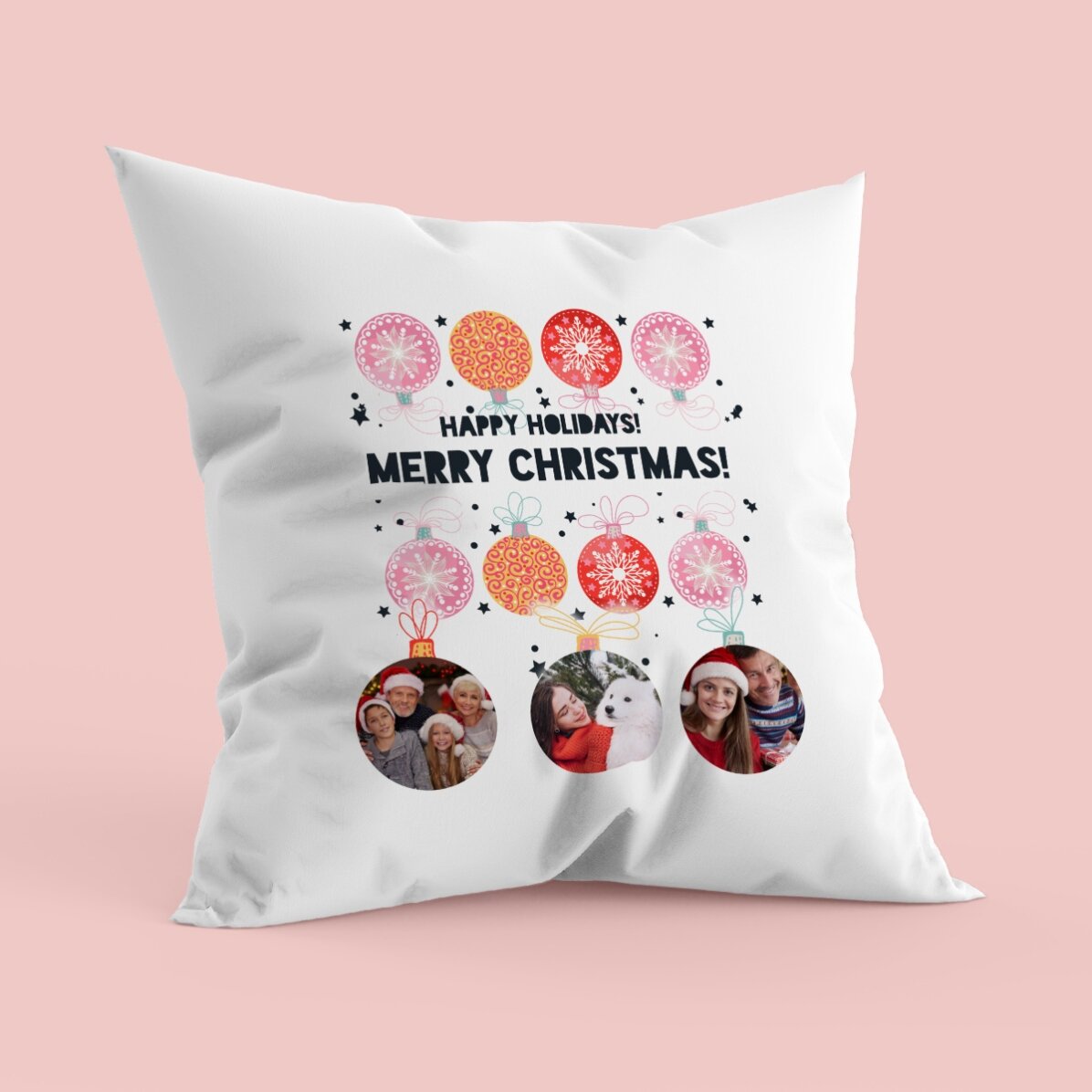 Coussin personnalisé avec trois photos et un texte - Boules de Noël