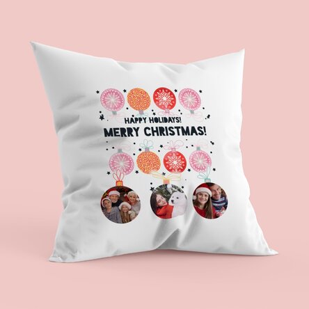 Personalised cushion with three photos and text - Christmas baubles