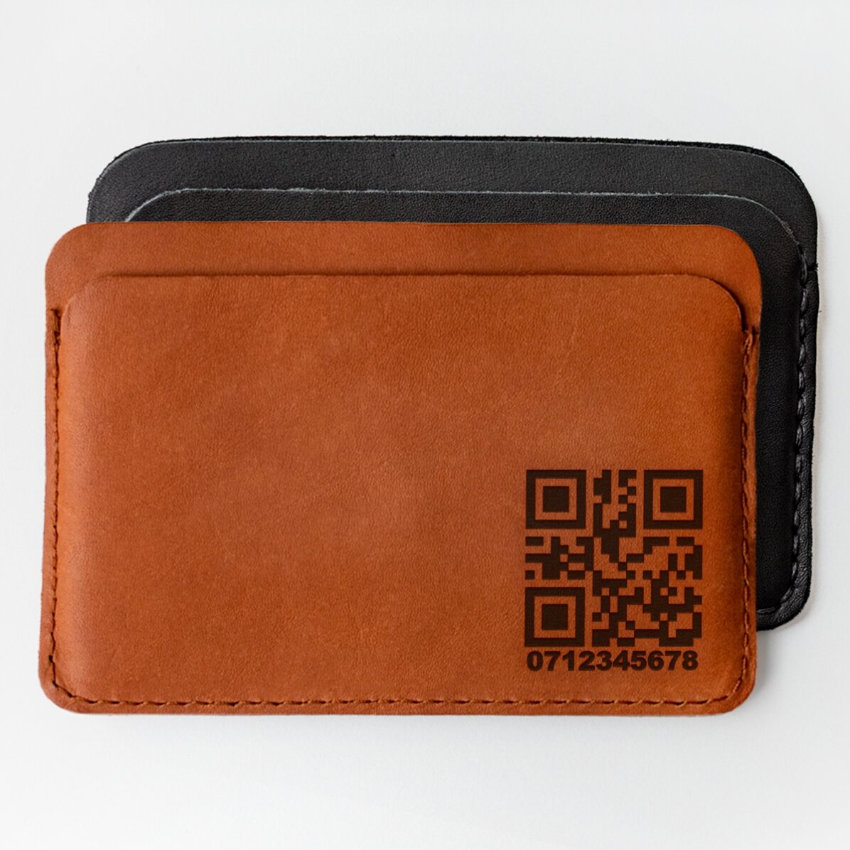 Portefeuille en cuir personnalisé avec un code QR et un numéro de téléphone