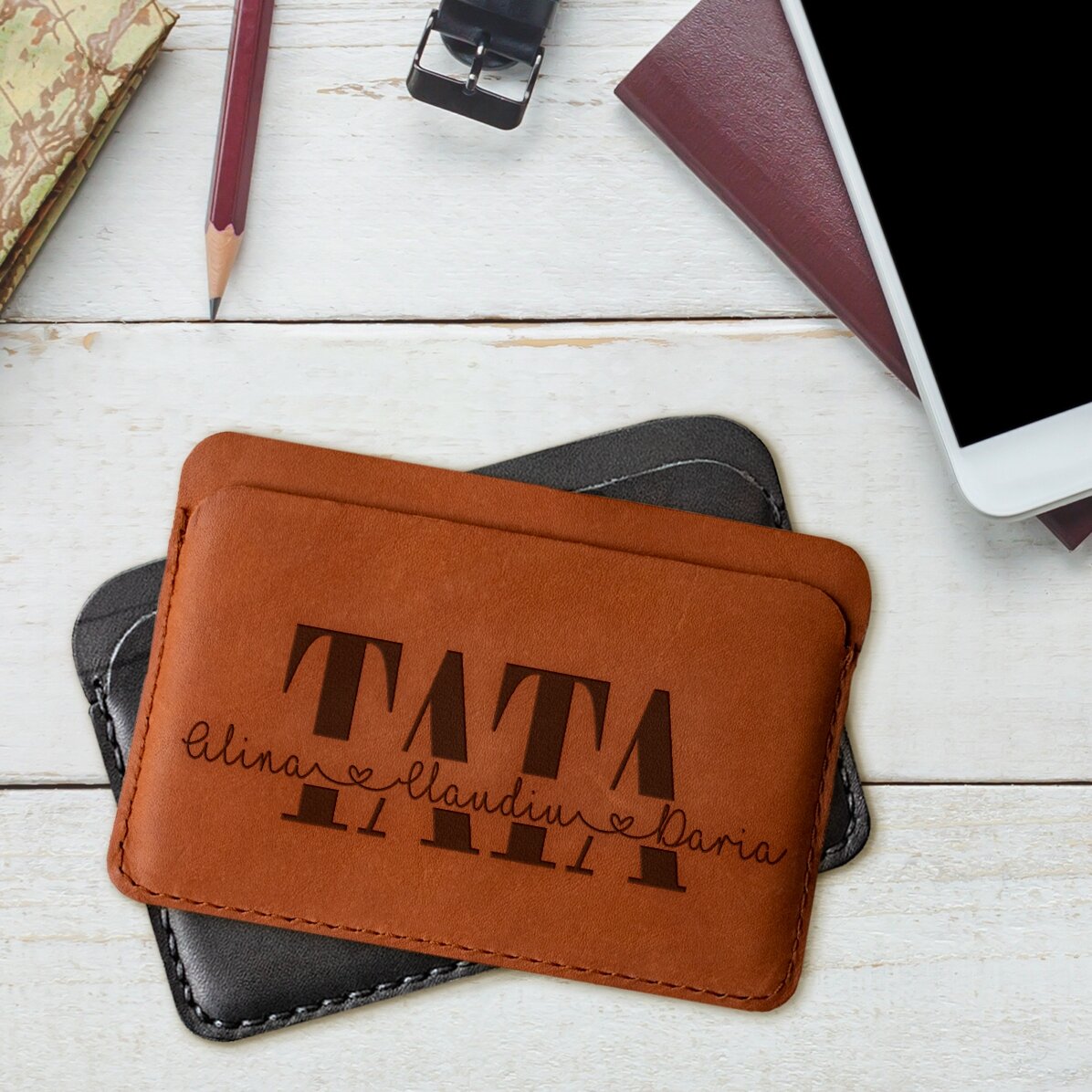 Portefeuille en cuir personnalisé avec le prénom des enfants - TATA
