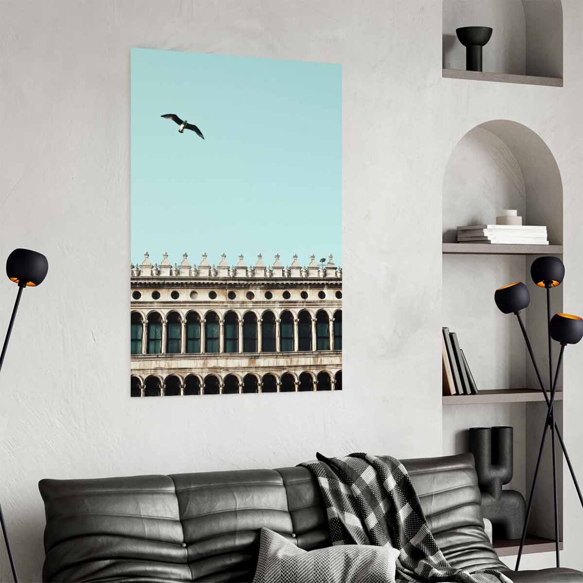 Affiche représentant un oiseau et un bâtiment