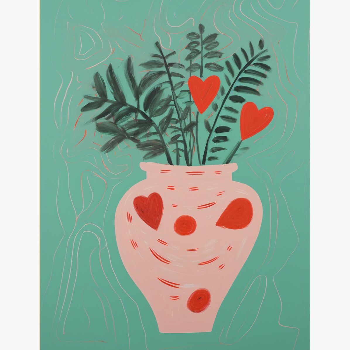 Affiche illustrée représentant des plantes en pot et des petits cœurs dessinés
