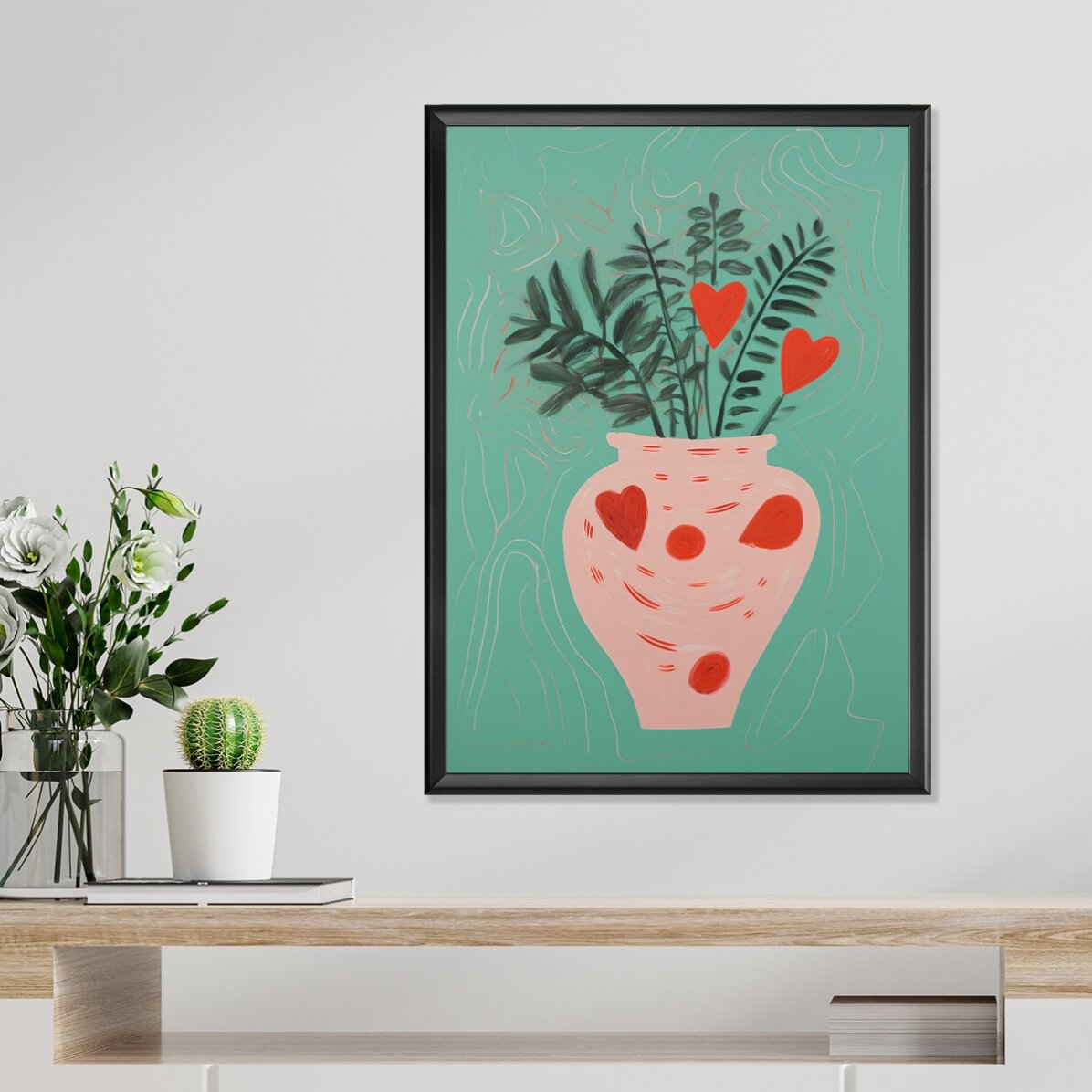 Affiche illustrée représentant des plantes en pot et des petits cœurs dessinés
