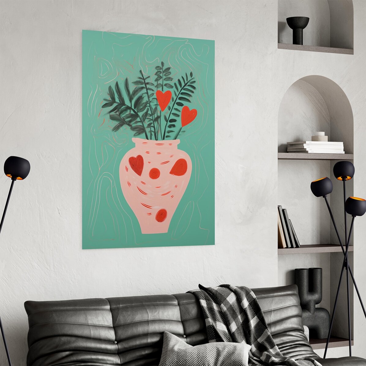 Affiche illustrée représentant des plantes en pot et des petits cœurs dessinés