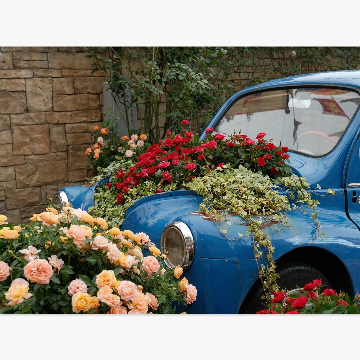 Affiche « Voiture bleue vintage avec des fleurs »