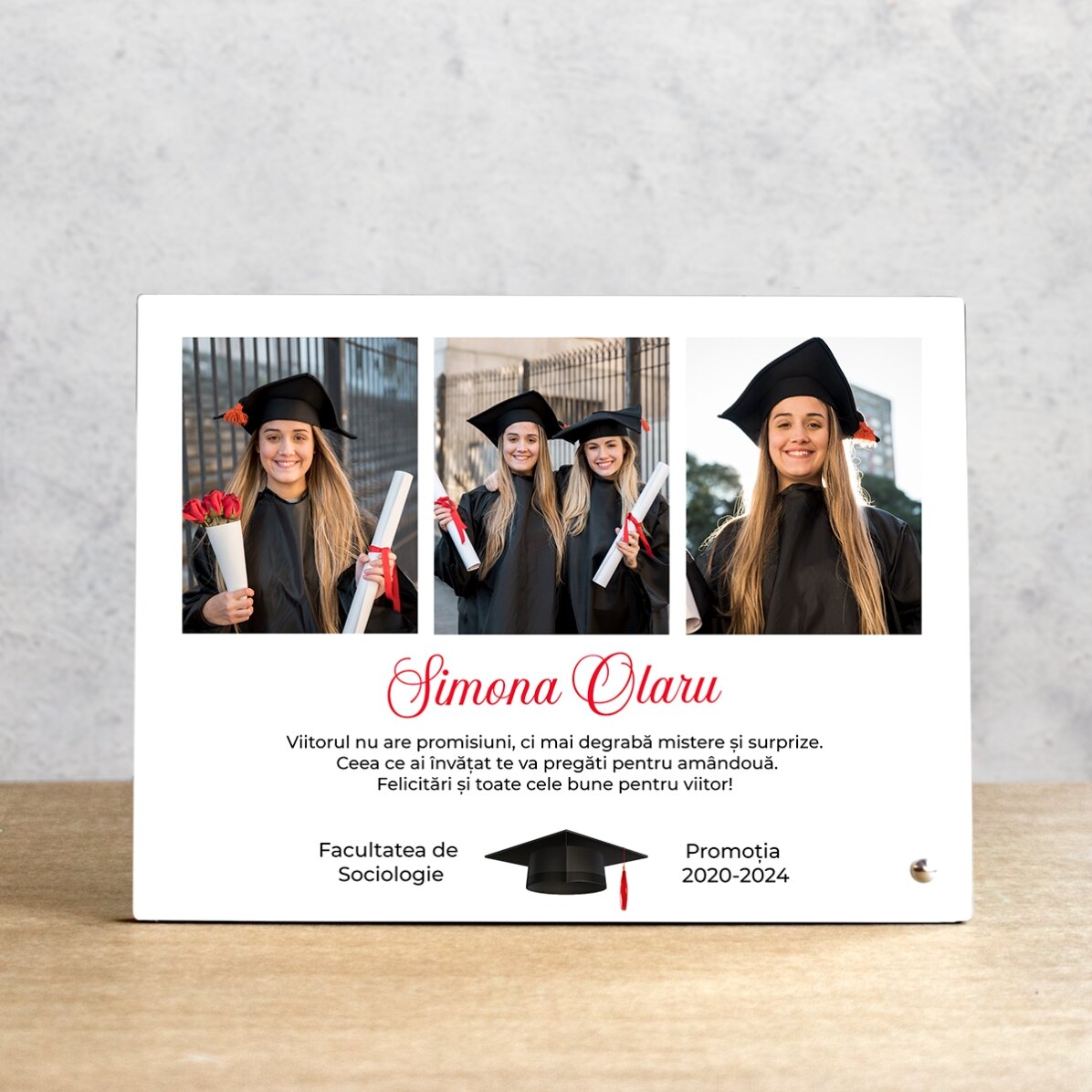 Cadre photo de bureau personnalisé avec 3 photos et un texte - Remise des diplômes