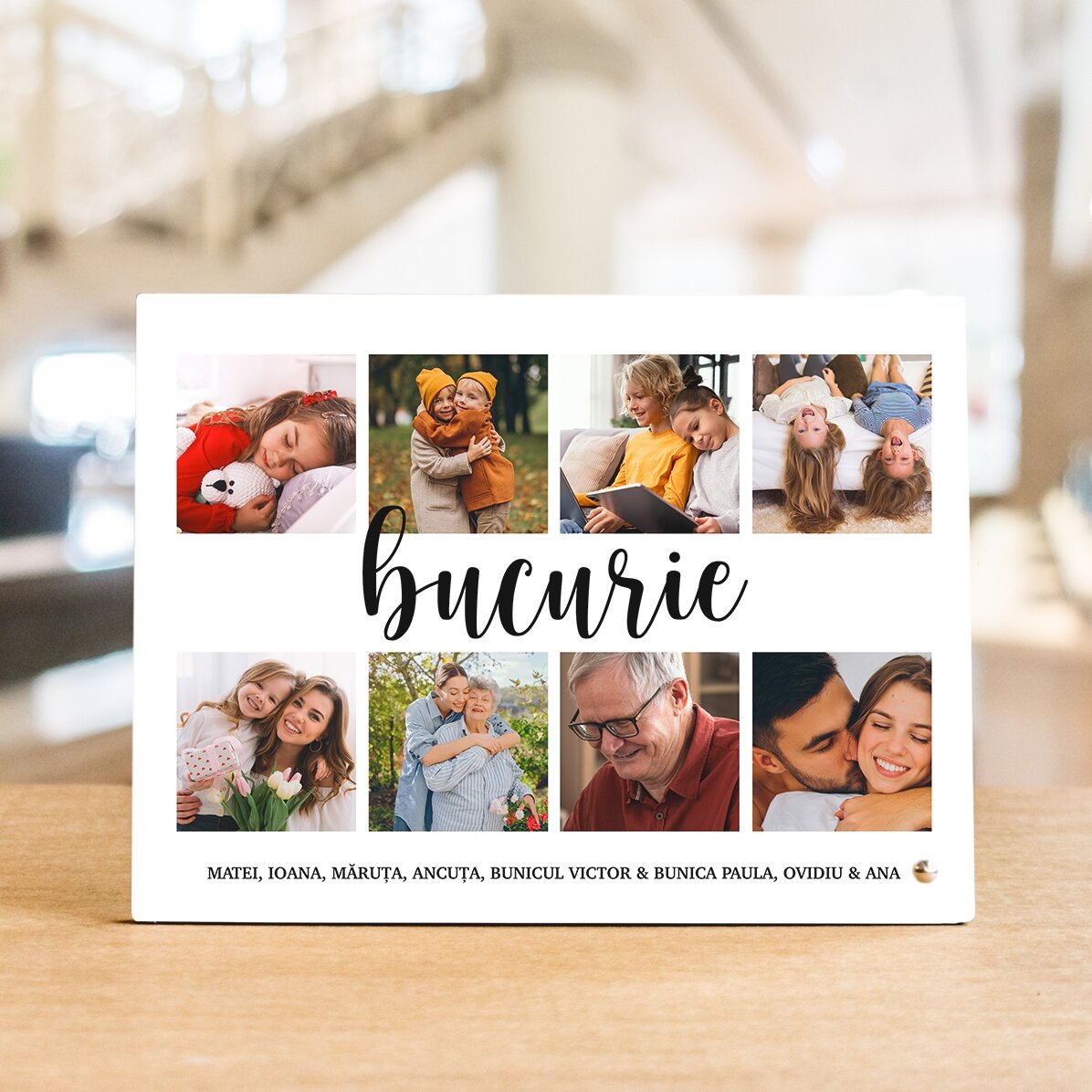 Cadre photo de bureau personnalisé avec 8 photos et un texte - Joie
