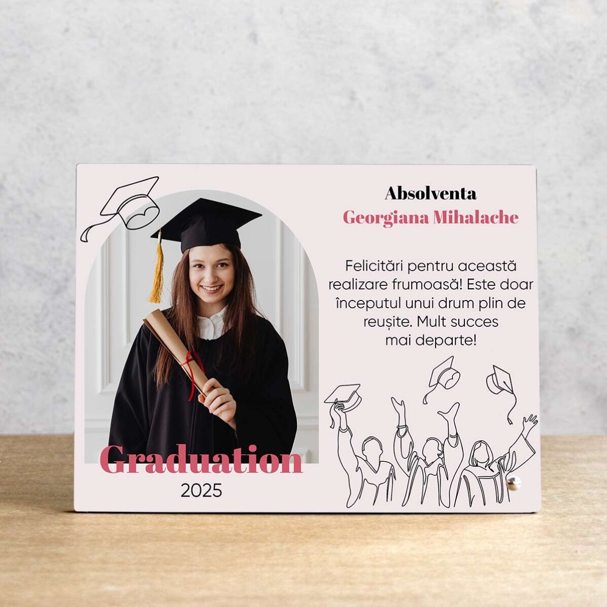 Cadre photo de bureau personnalisé avec une photo et un message - Diplômée