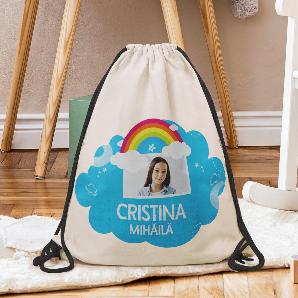 Sac à dos personnalisé avec nom et photo - Modèle arc-en-ciel