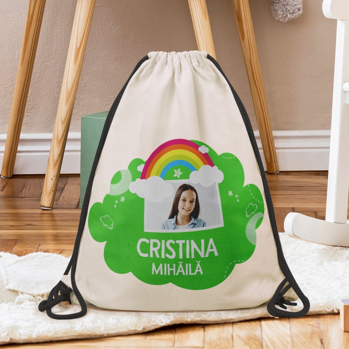 Sac à dos personnalisé avec nom et photo - Modèle arc-en-ciel