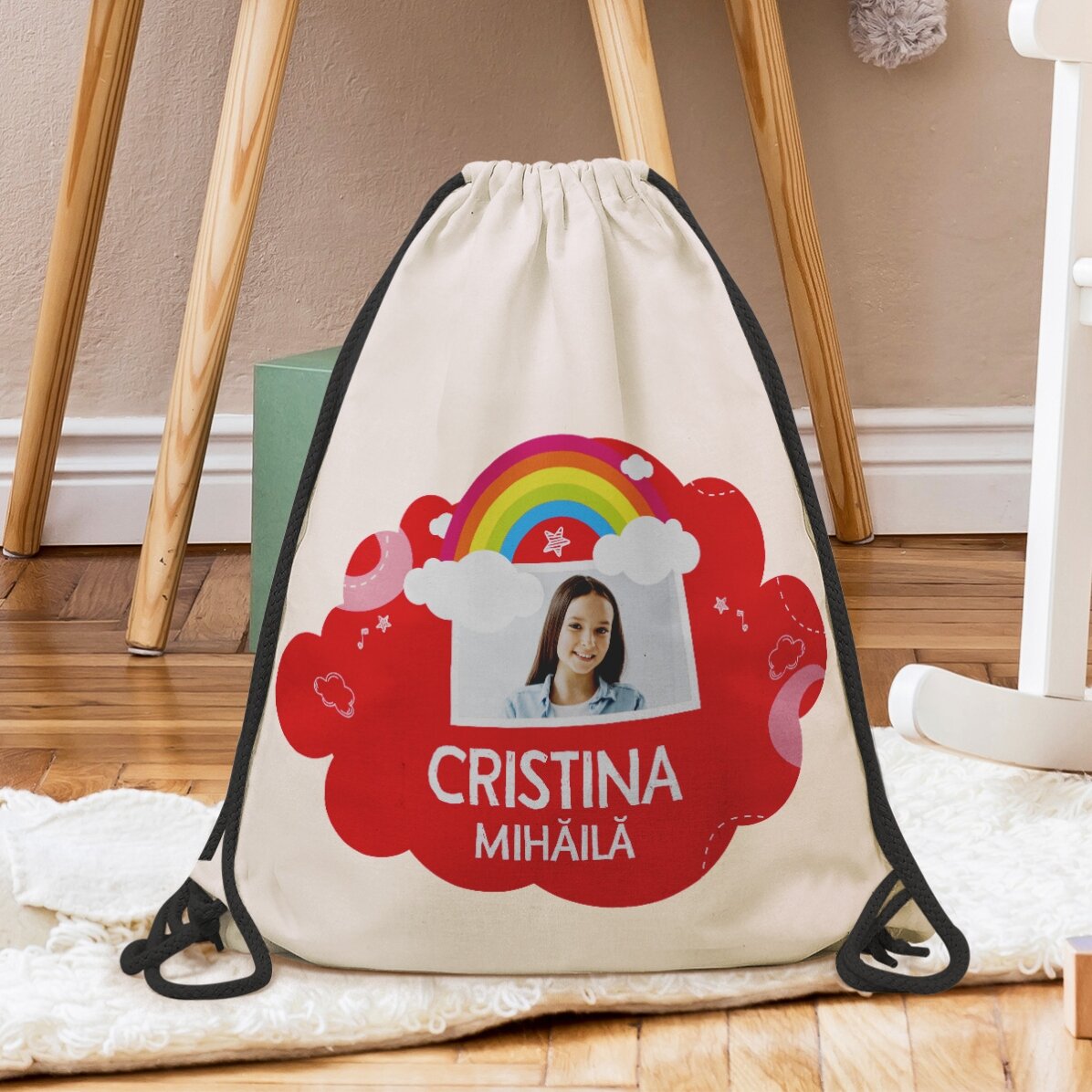 Sac à dos personnalisé avec nom et photo - Modèle arc-en-ciel