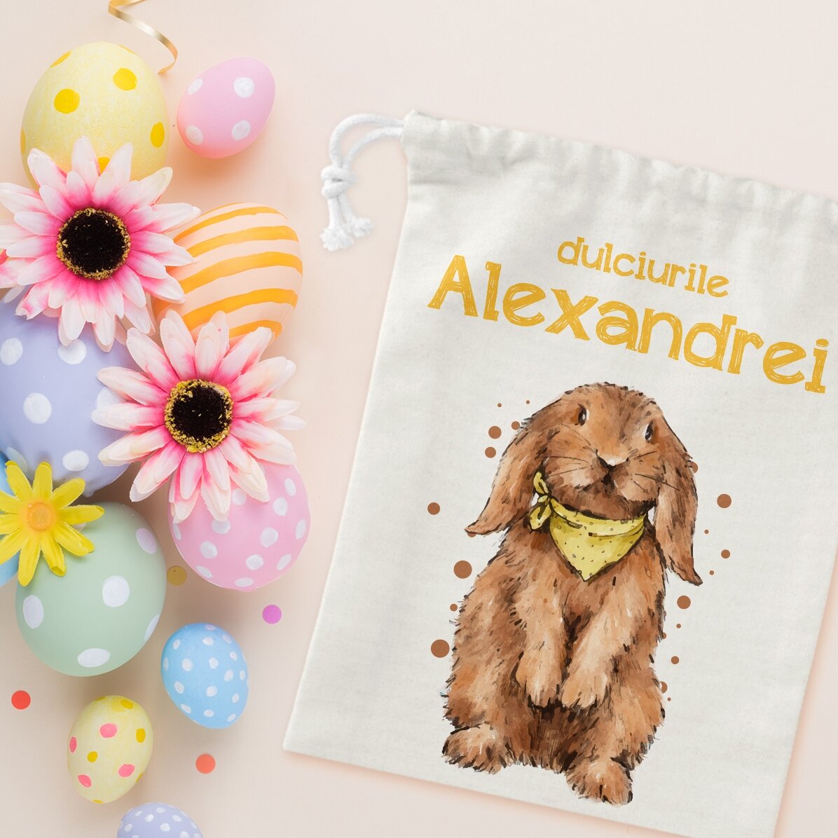 Petit sac cadeau personnalisé avec un message - Le lapin aux bonbons