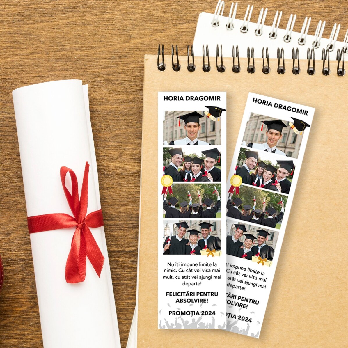 Marque-page personnalisé avec 4 photos et un texte - Remise des diplômes