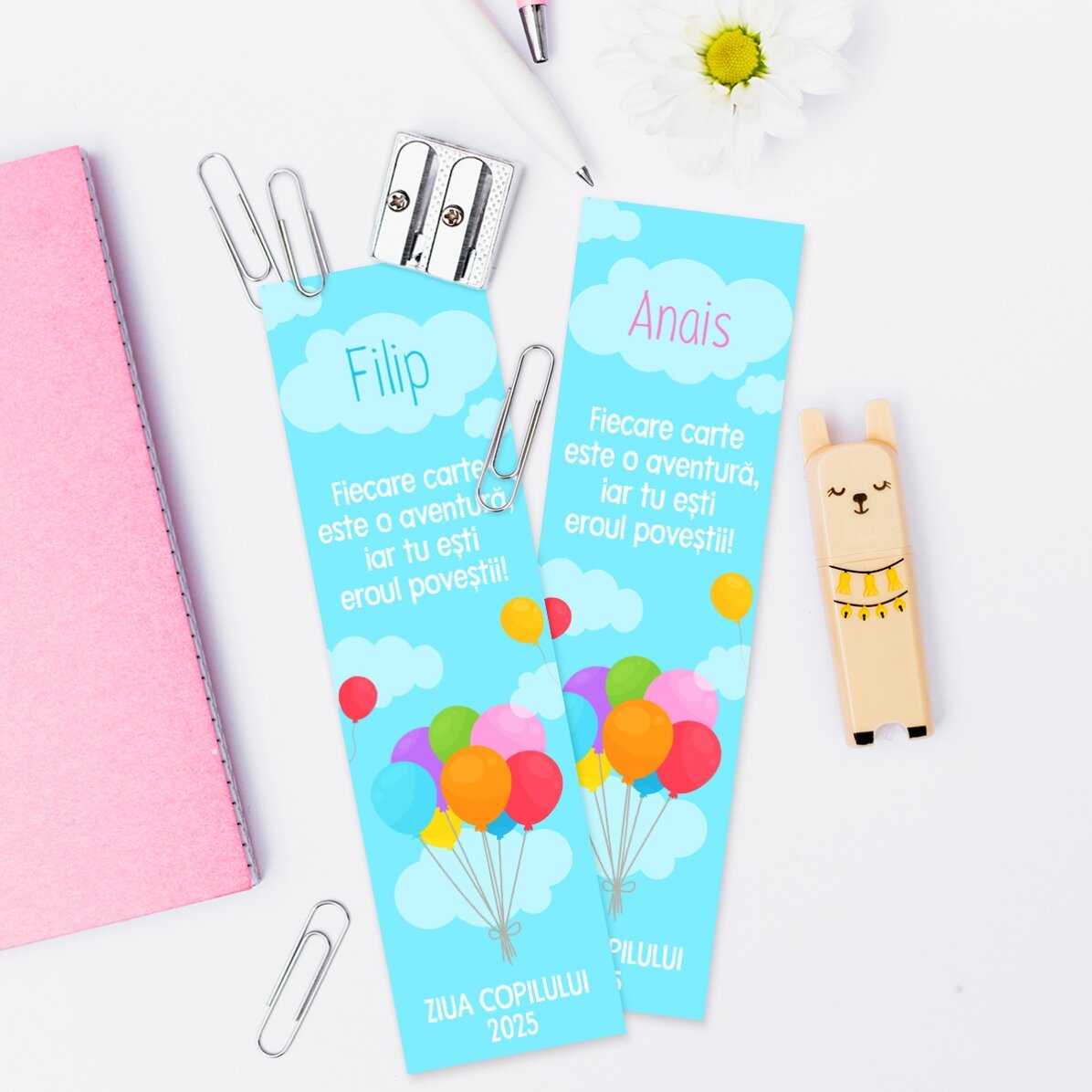 Marque-page personnalisé avec message et prénom pour enfants - Ballons