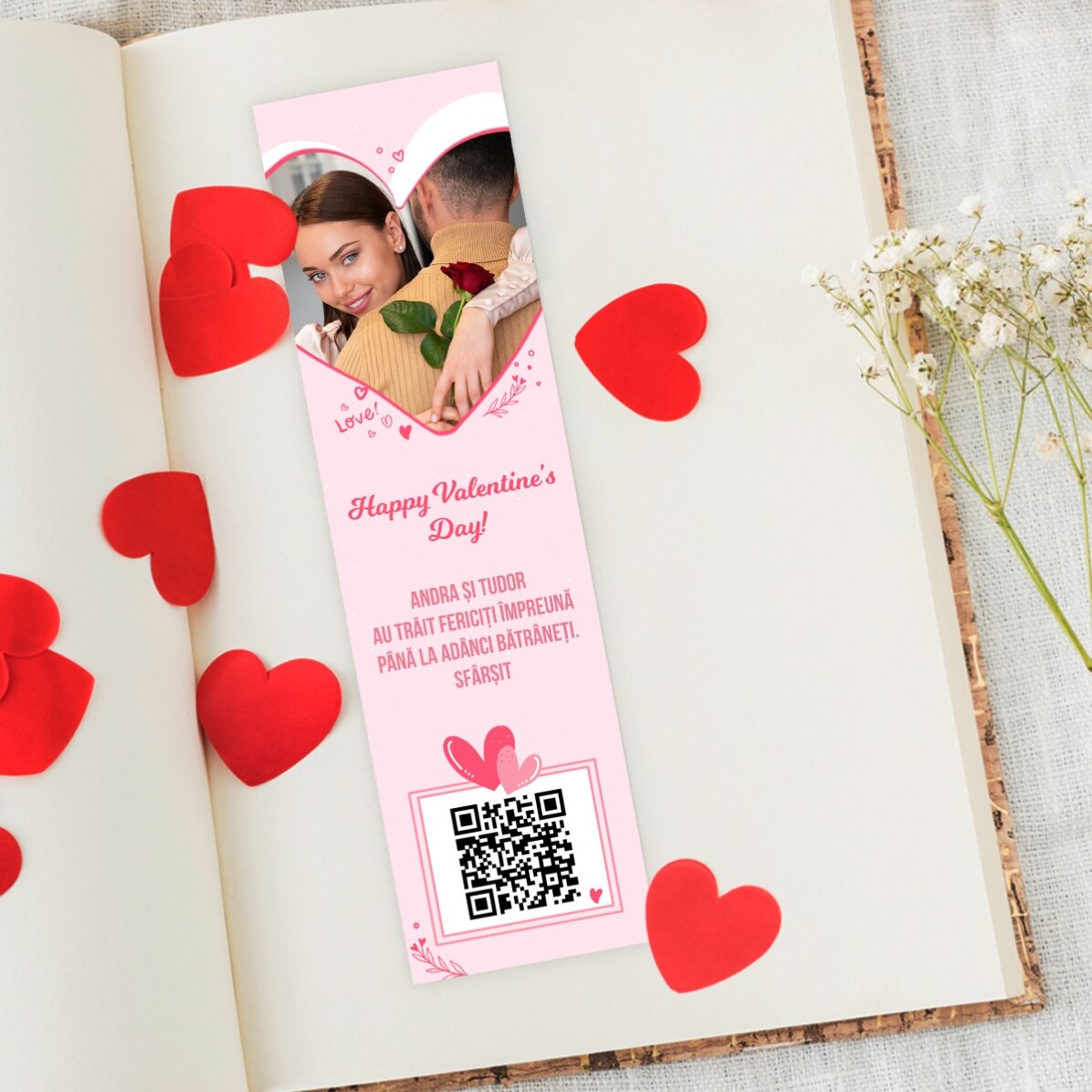 Marque-page personnalisé avec photo, texte et code QR - Love