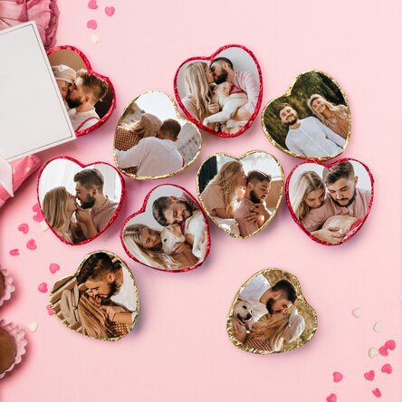 Set of 10 mini heart-shaped chocolates personalised with a photo