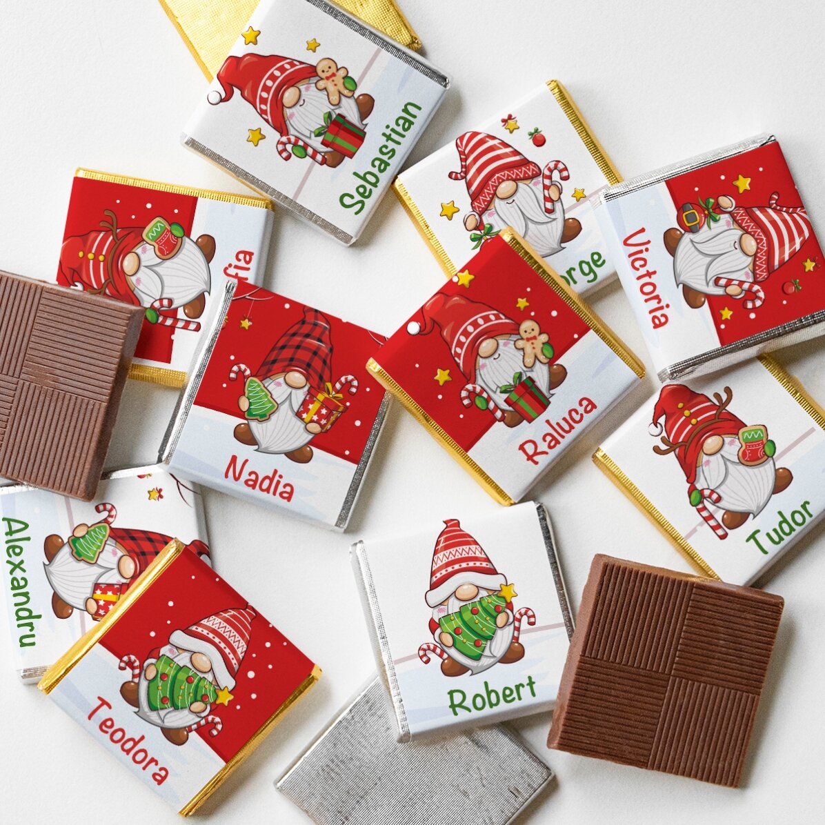 Lot de 10 mini-chocolats personnalisés avec un prénom - Gnomes de Noël