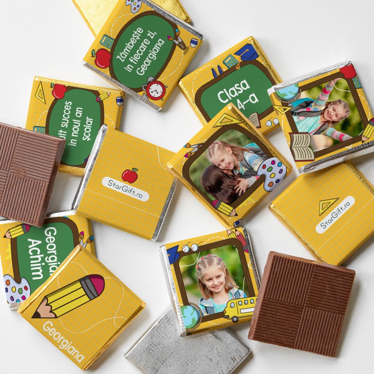 Lot de 10 mini-chocolats personnalisés avec des photos et un texte pour la rentrée scolaire