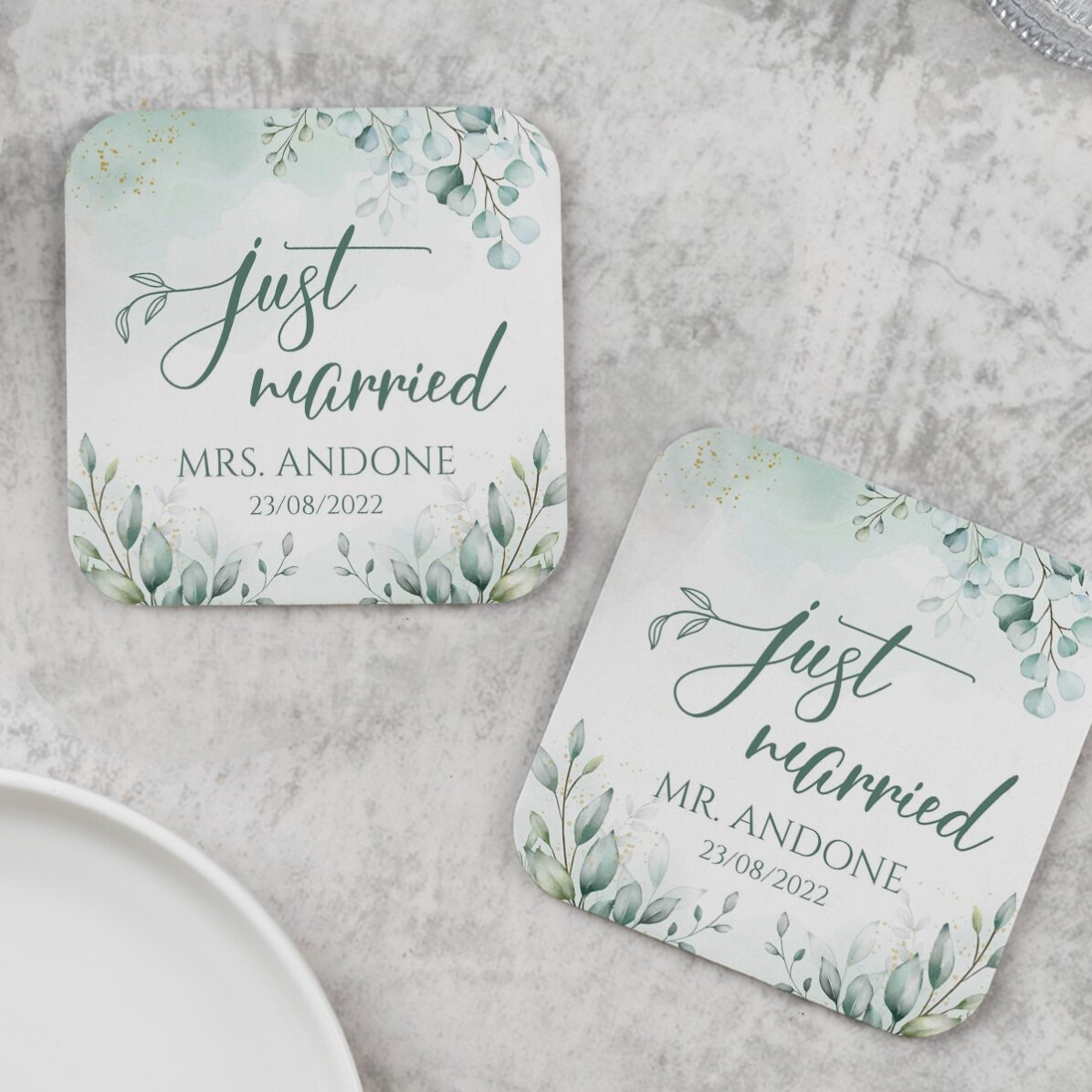 Lot de 2 sous-verres personnalisés avec le texte « Just Married Elegance »
