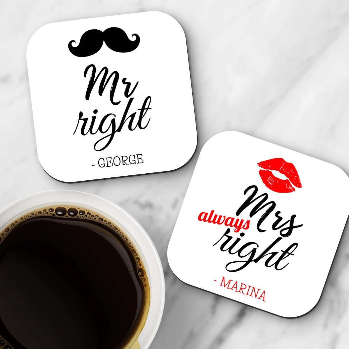 Set of 2 personalised coasters with text - Mr and Mrs Right