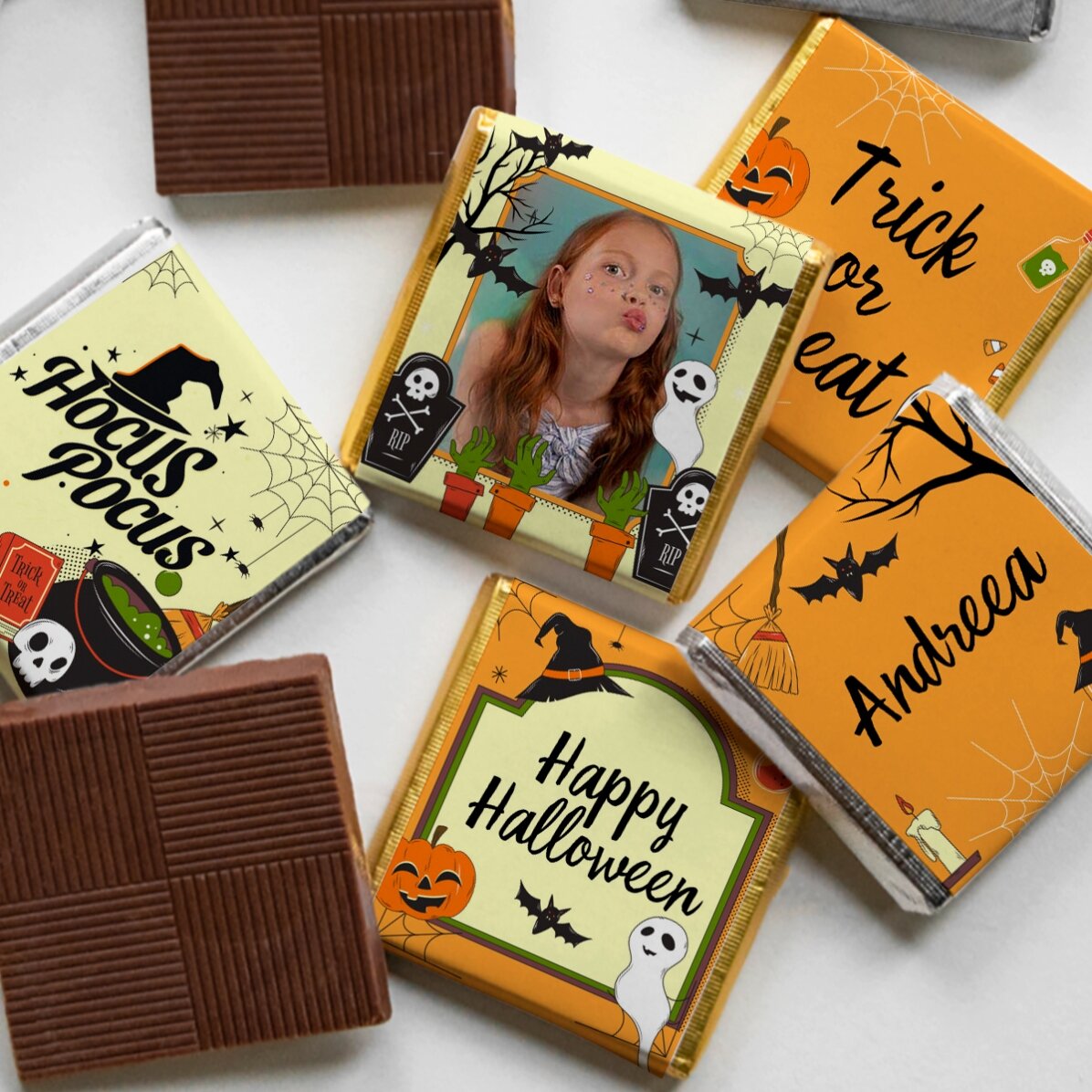 Lot de 5 mini-chocolats personnalisés avec photo et texte - Halloween