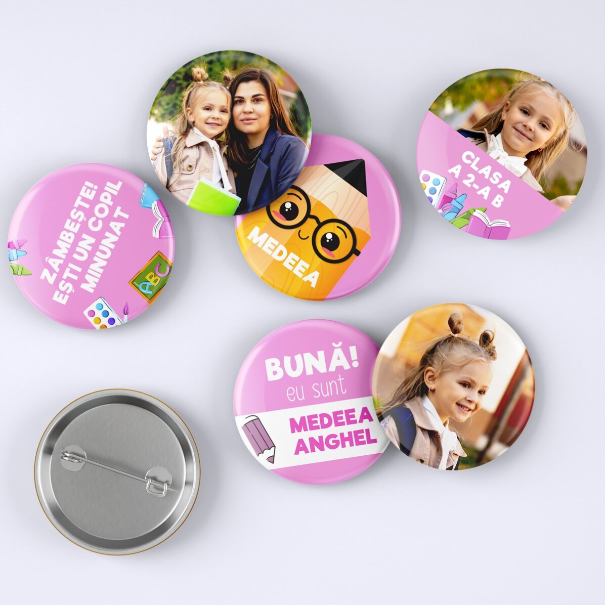 Lot de 6 badges personnalisés avec photos et message - Rentrée scolaire