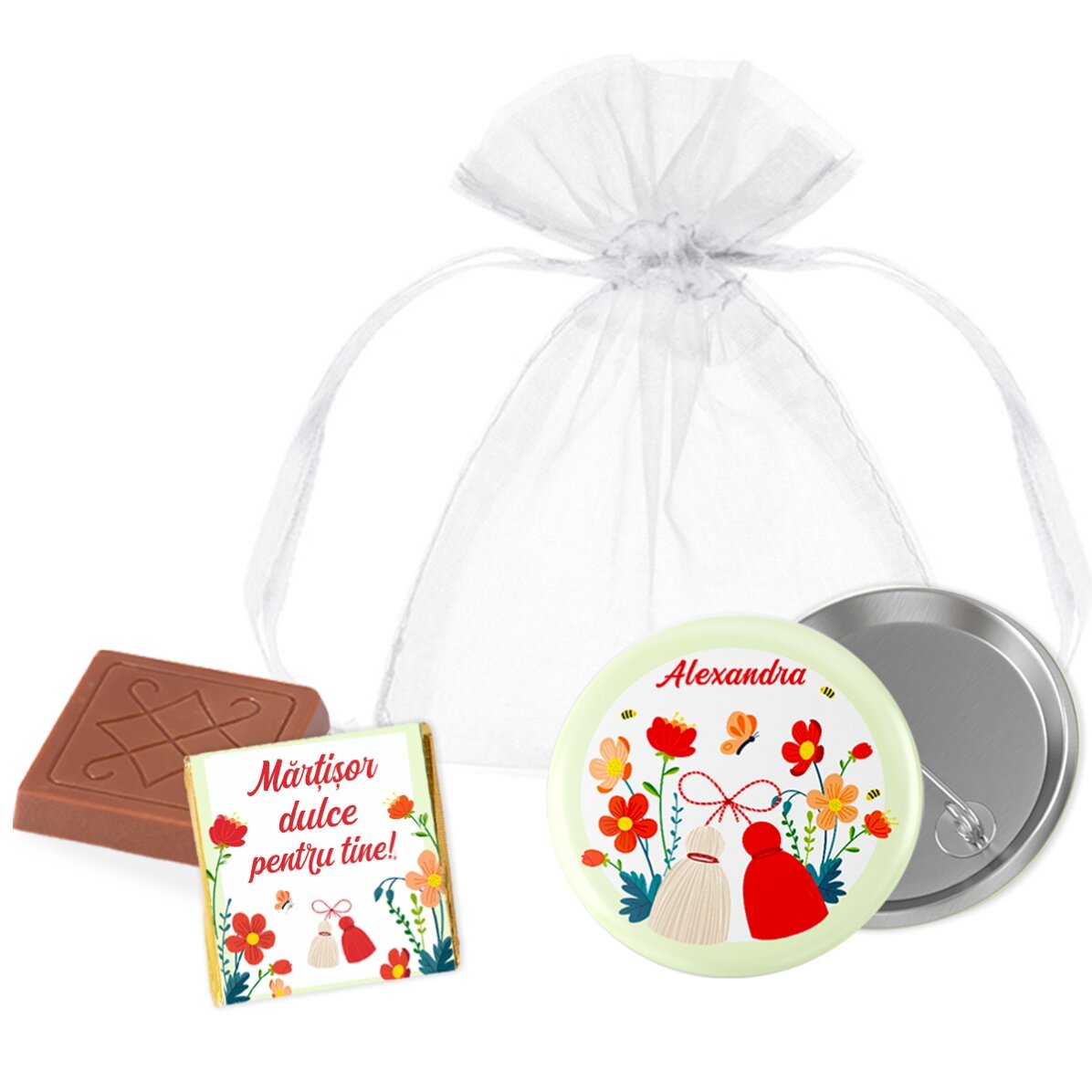 Coffret cadeau « Martisor » comprenant un mini-chocolat et un pin