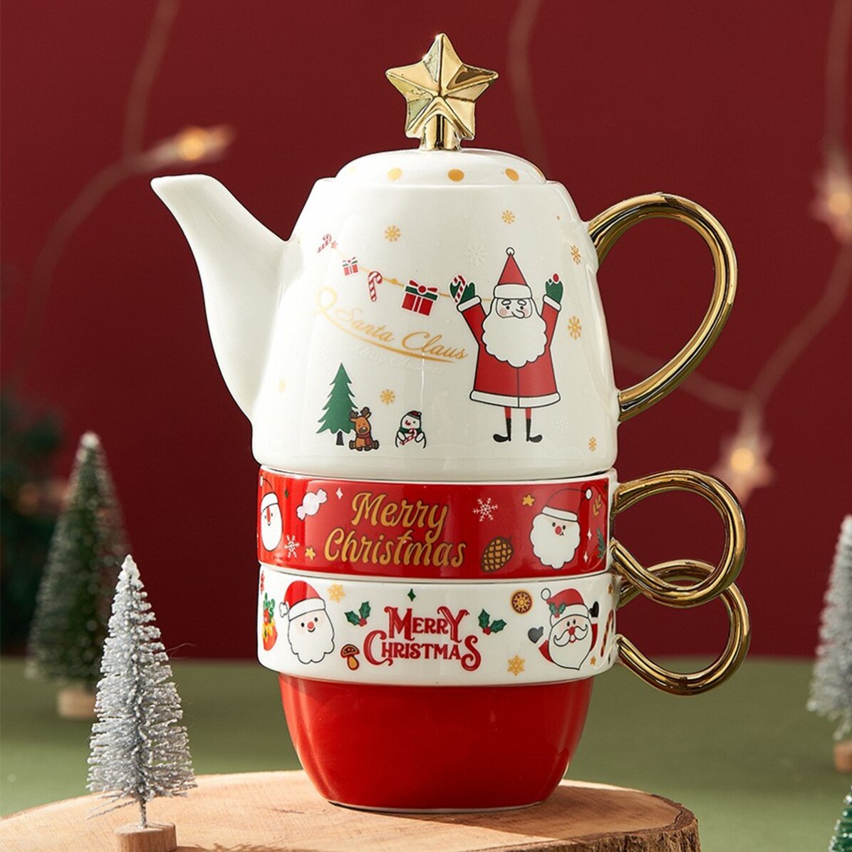 Coffret cadeau de Noël comprenant 2 tasses et une théière