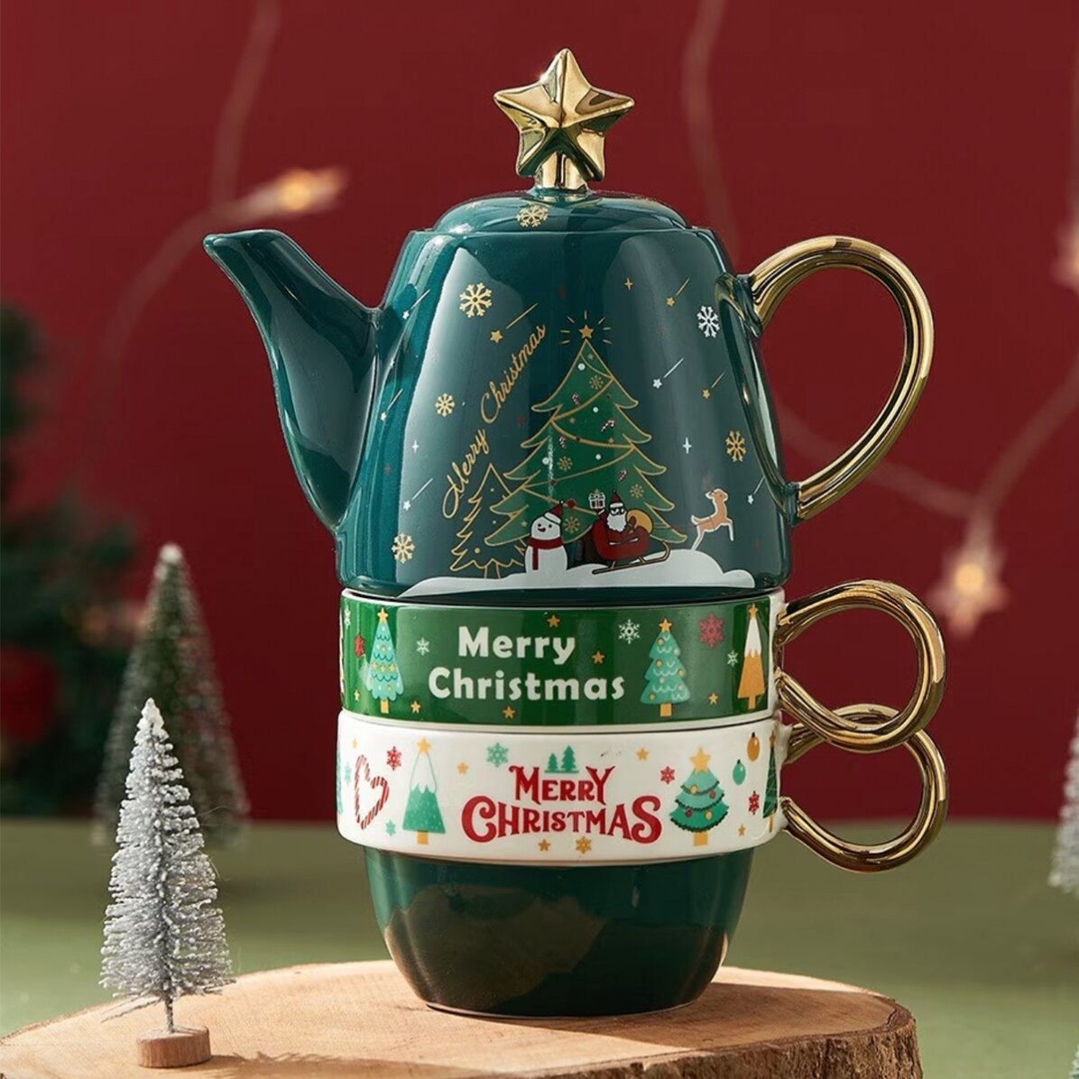 Coffret cadeau de Noël comprenant 2 tasses et une théière