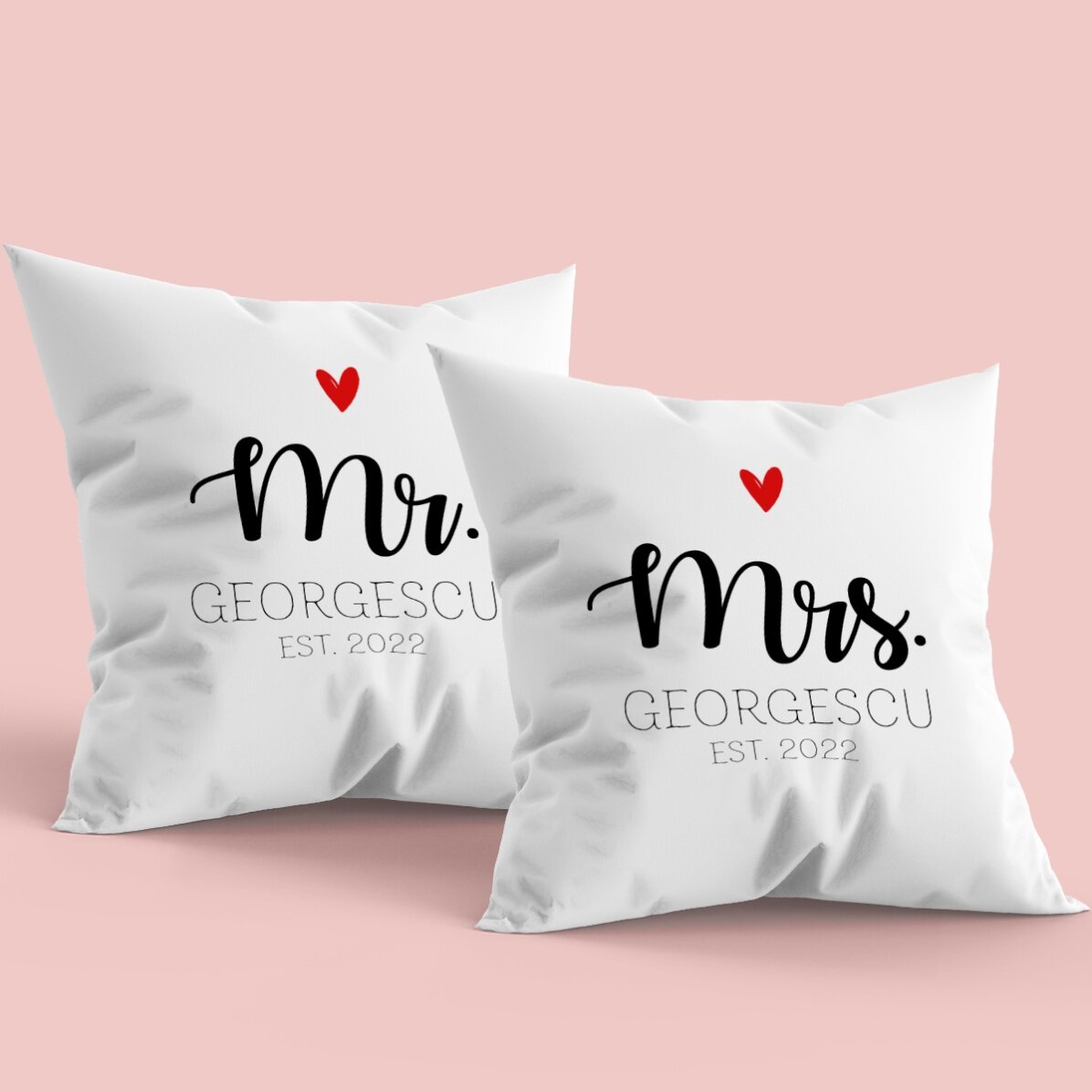 Lot de 2 coussins personnalisés avec inscription - Mr & Mrs