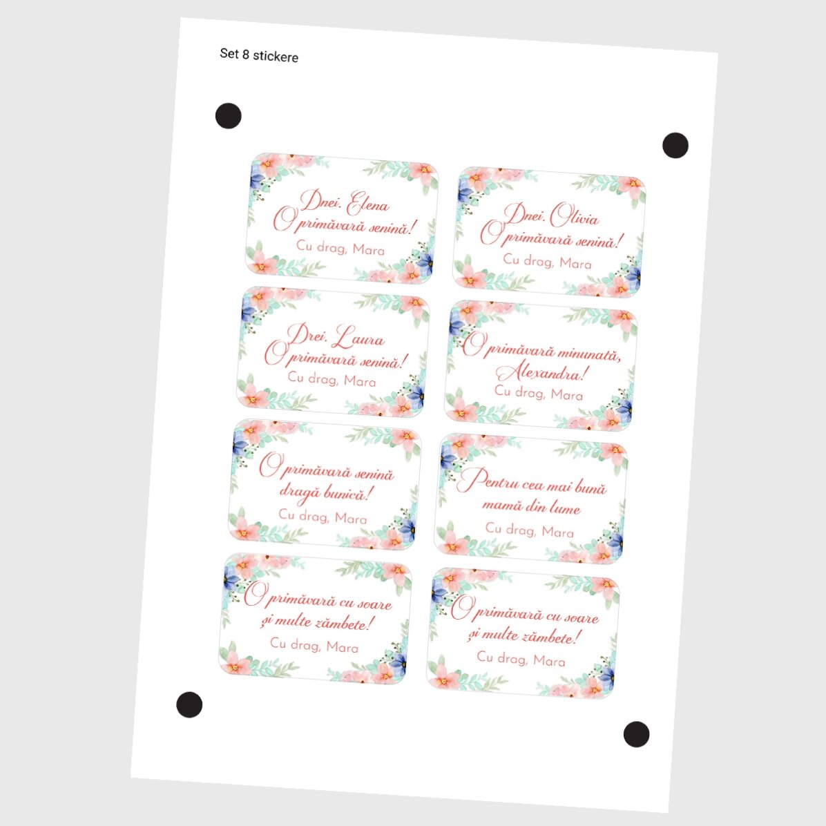 Lot de 8 autocollants (étiquettes adhésives) personnalisés avec des messages - Motifs floraux