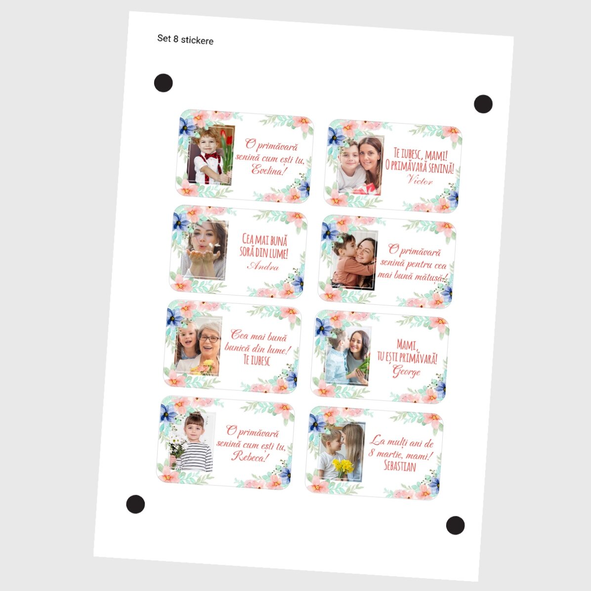 Lot de 8 autocollants (étiquettes adhésives) personnalisés avec des photos et un message - Printemps