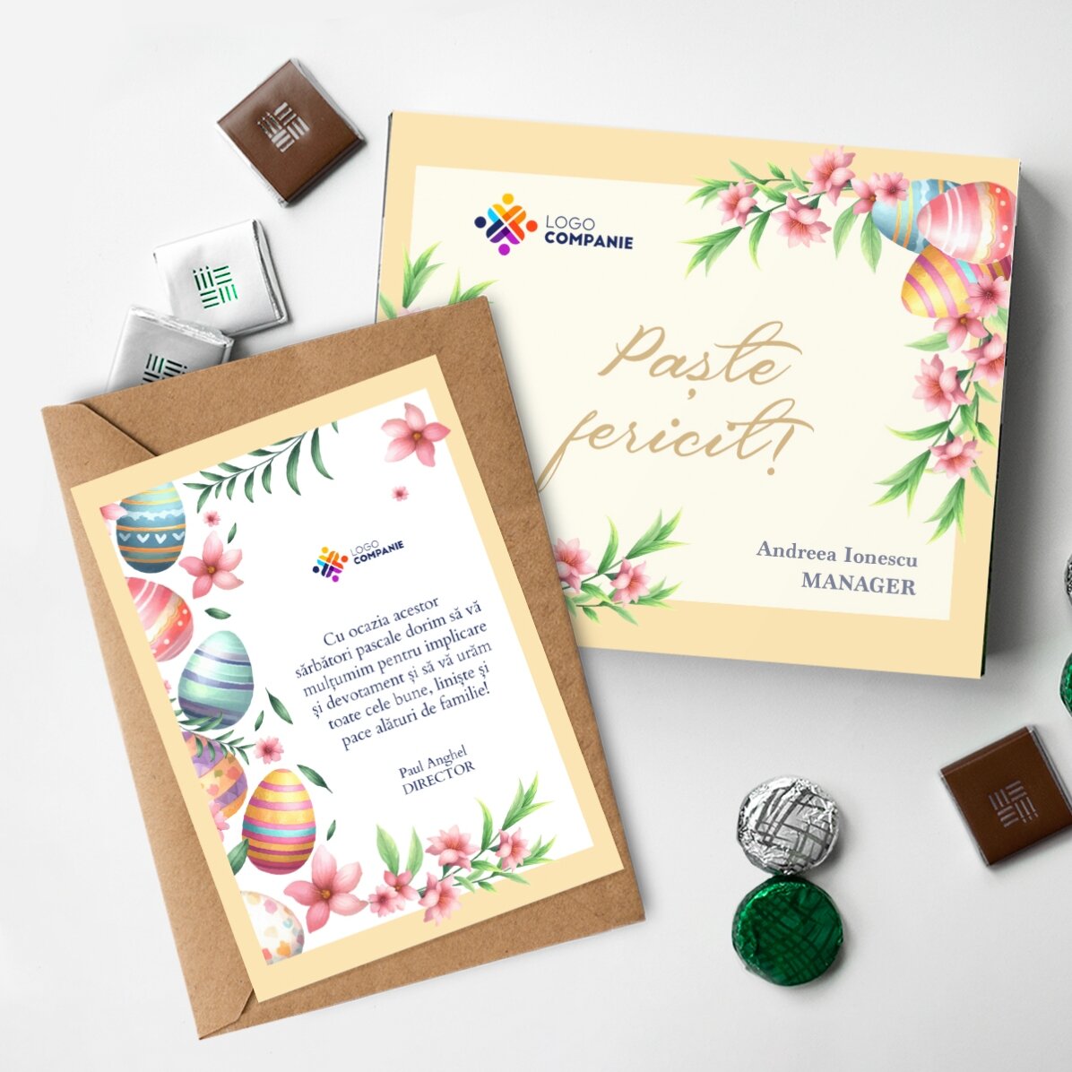 Coffret personnalisé avec logo - boîte de bonbons et carte - Joyeuses Pâques !
