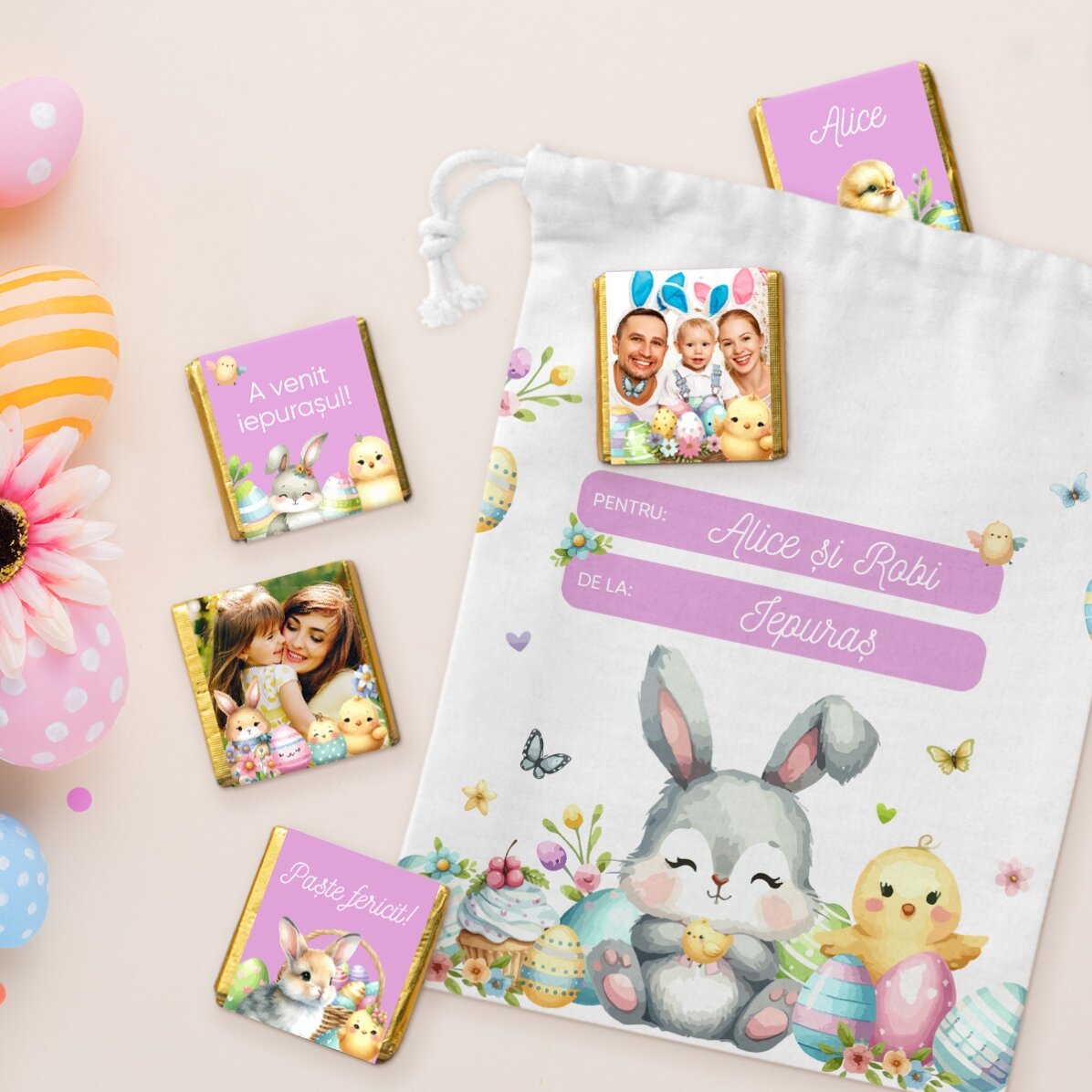 Coffret personnalisé - petit sac et 5 mini-chocolats - De la part du lapin