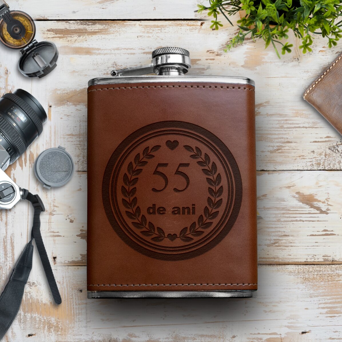 Flacon de poche personnalisé recouvert de cuir - Anniversaire