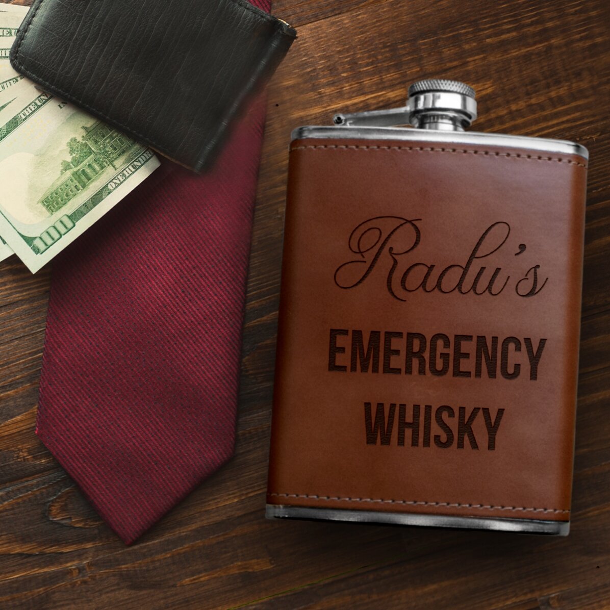 Flacon de poche personnalisé recouvert de cuir - Emergency Tequila