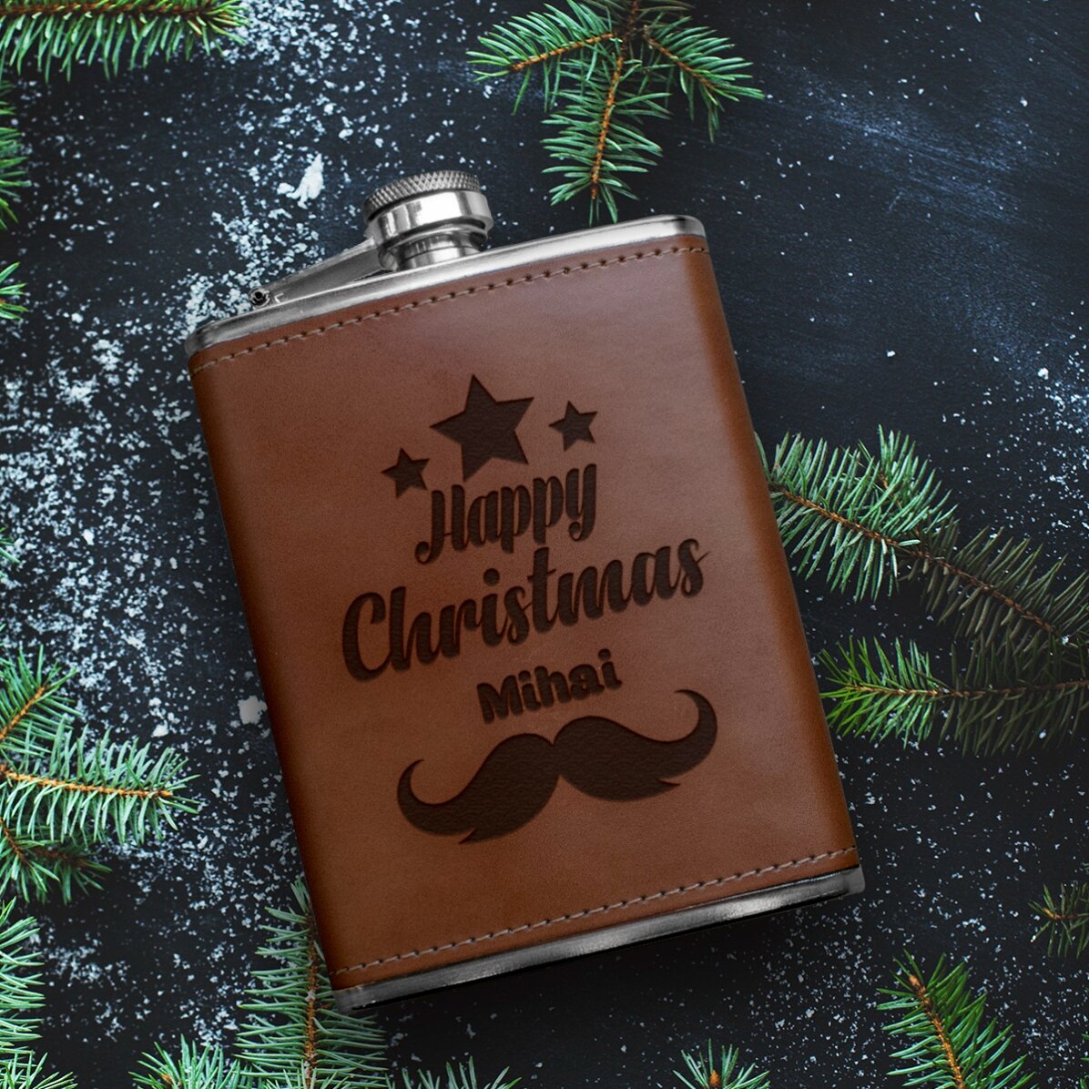Flacon de poche personnalisé recouvert de cuir - Joyeux Noël