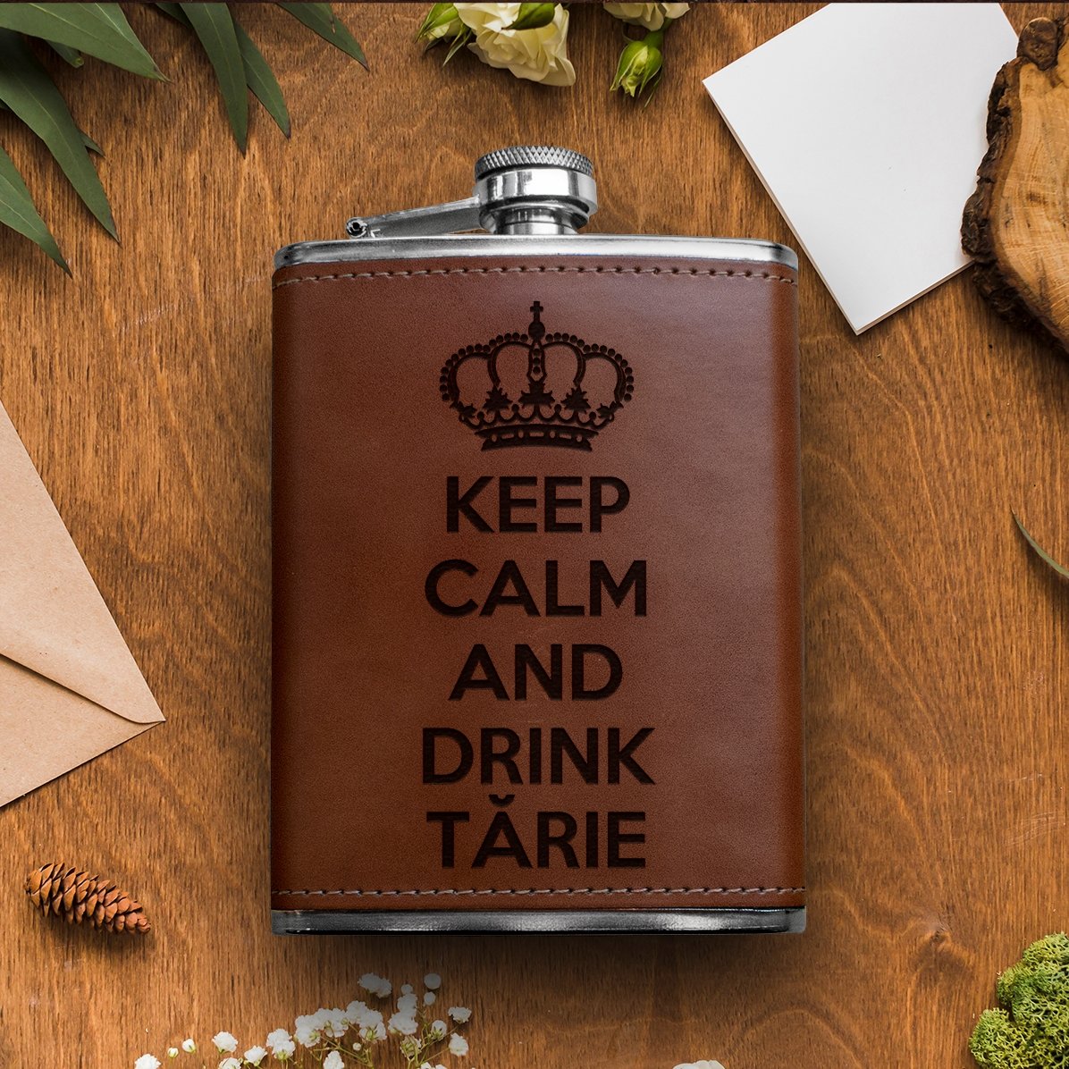 Flacon de poche personnalisé recouvert de cuir - Keep Calm