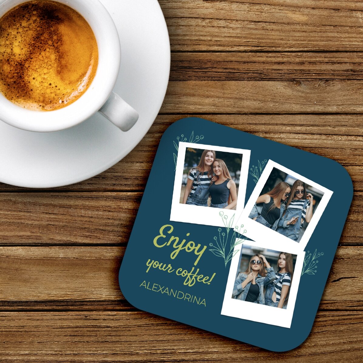 Porte-verre personnalisé avec 3 photos et un texte - Enjoy your coffee